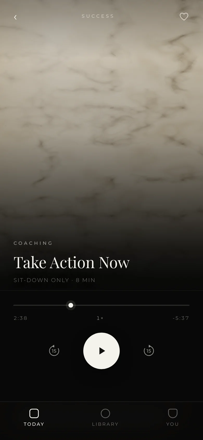 The TBA player mid-session on Take Action Now, a sit-down coaching session, with the scrubber and skip-fifteen controls.