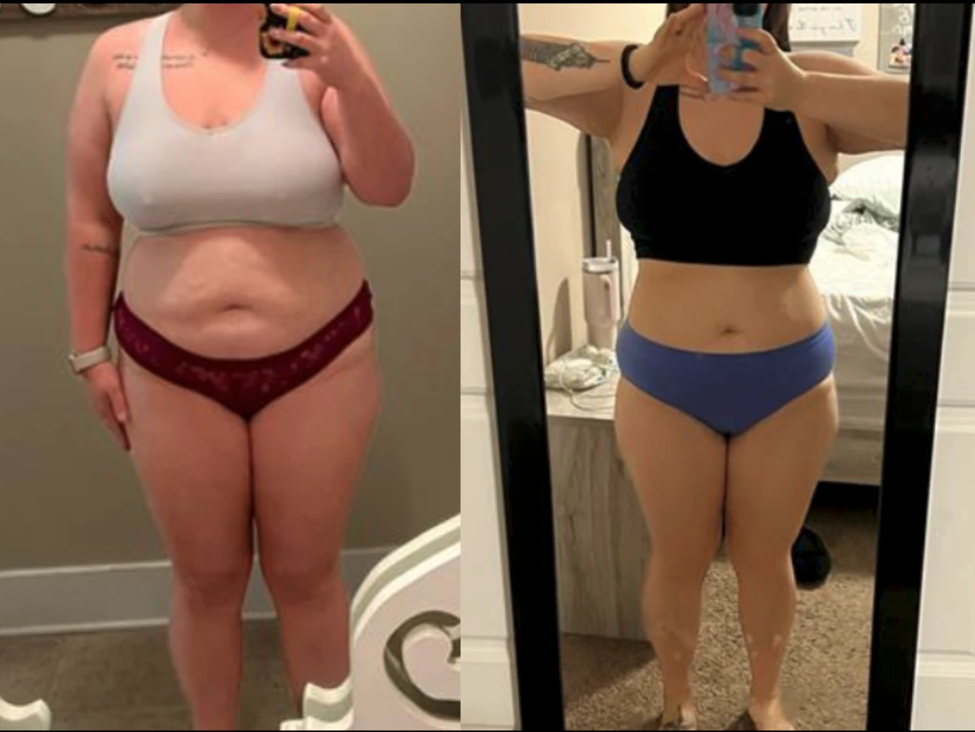 Client progress photos, front view, before and after working with Ashley.